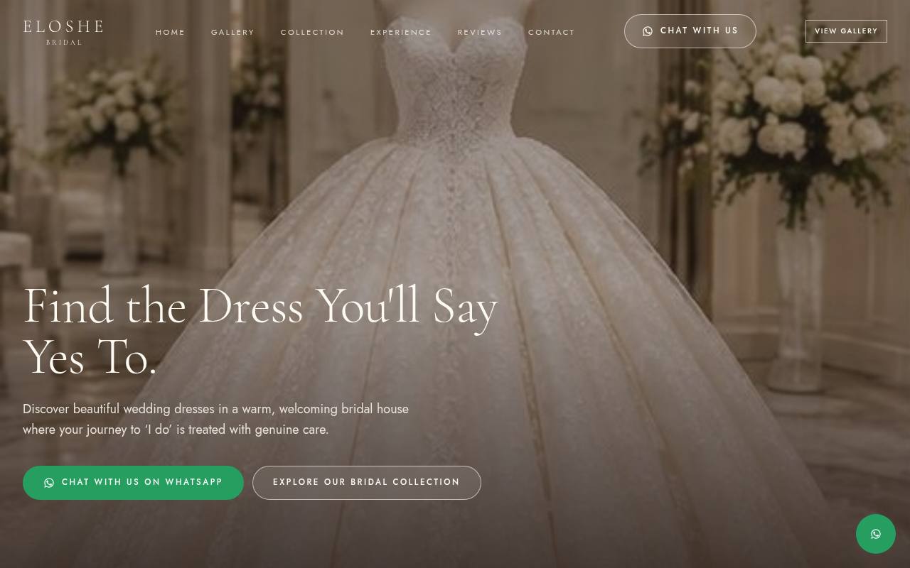 Screenshot of the Eloshe Bridal website